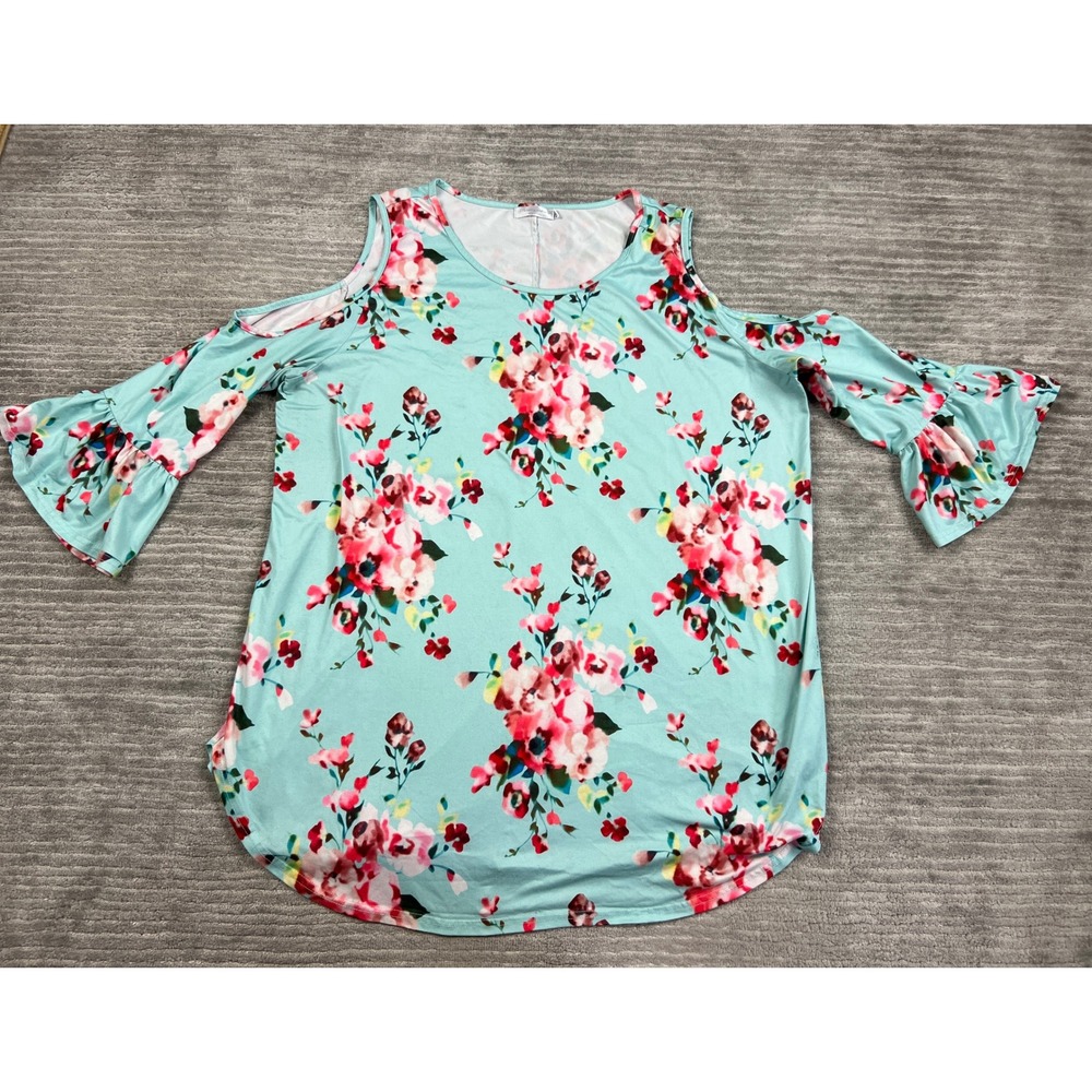 Pursuing Perfection Top Womens 2XL Mint Green Floral Cold Shoulder Bell Sleeve